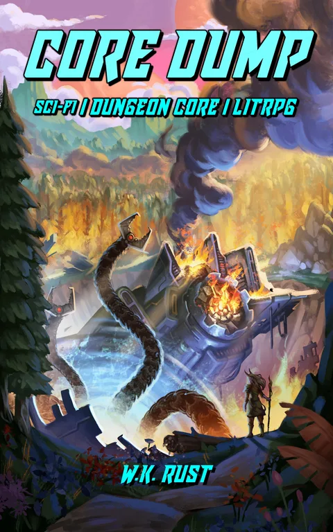 Core Dump cover: a burning colony ship crashed in an alien forest, tentacled machinery rising from the wreck